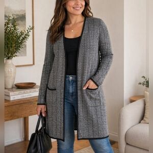 Max Studio Gray Black Open Cardigan L Longline Patterned Knit